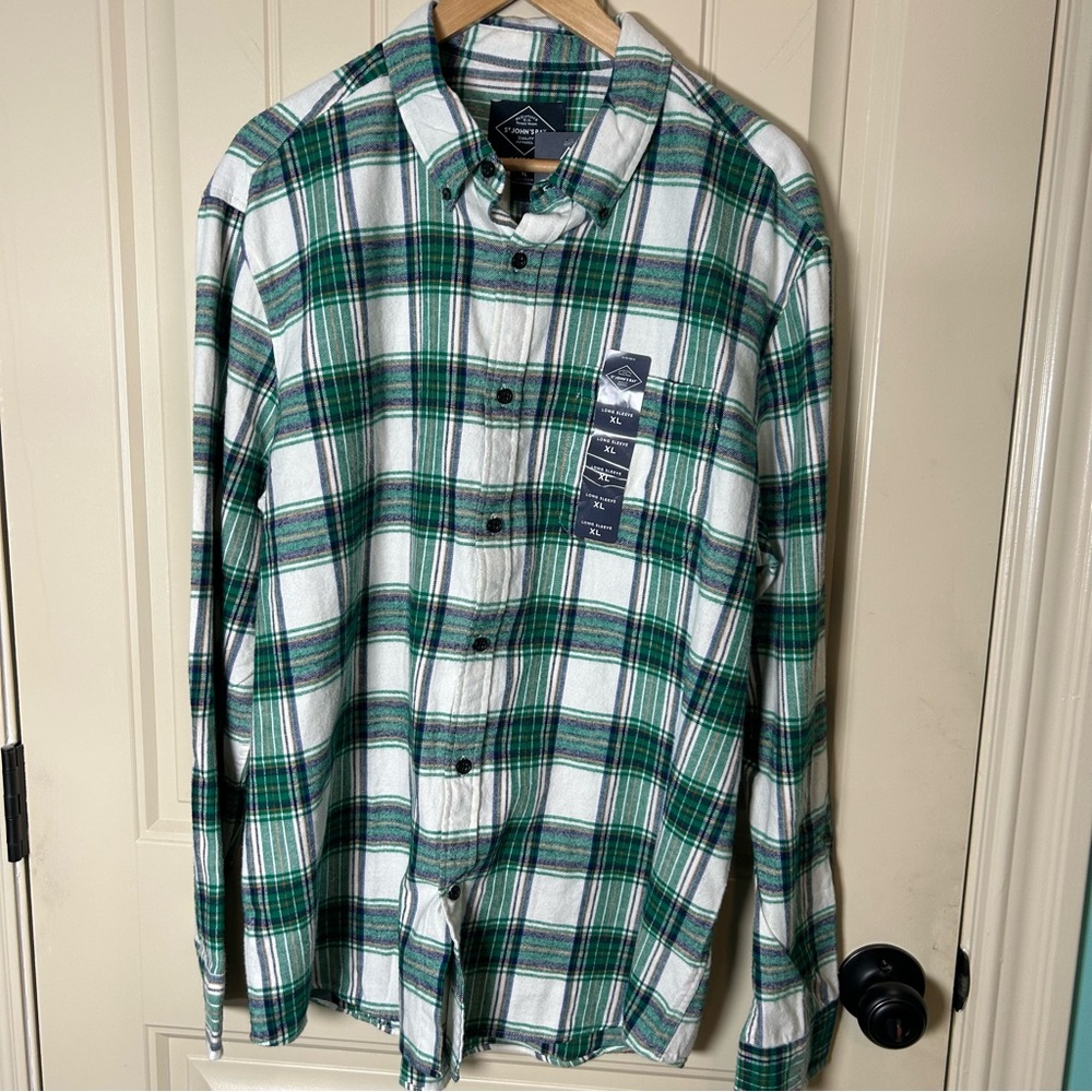 St. John's Bay Long Sleeve Green Plaid Shirt, Classic Fit, Super Soft‎ NWT! XL